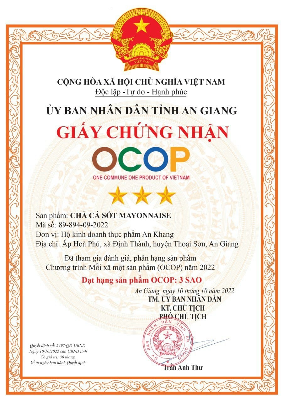 Giấy chứng sản phẩm Ocop 3 sao